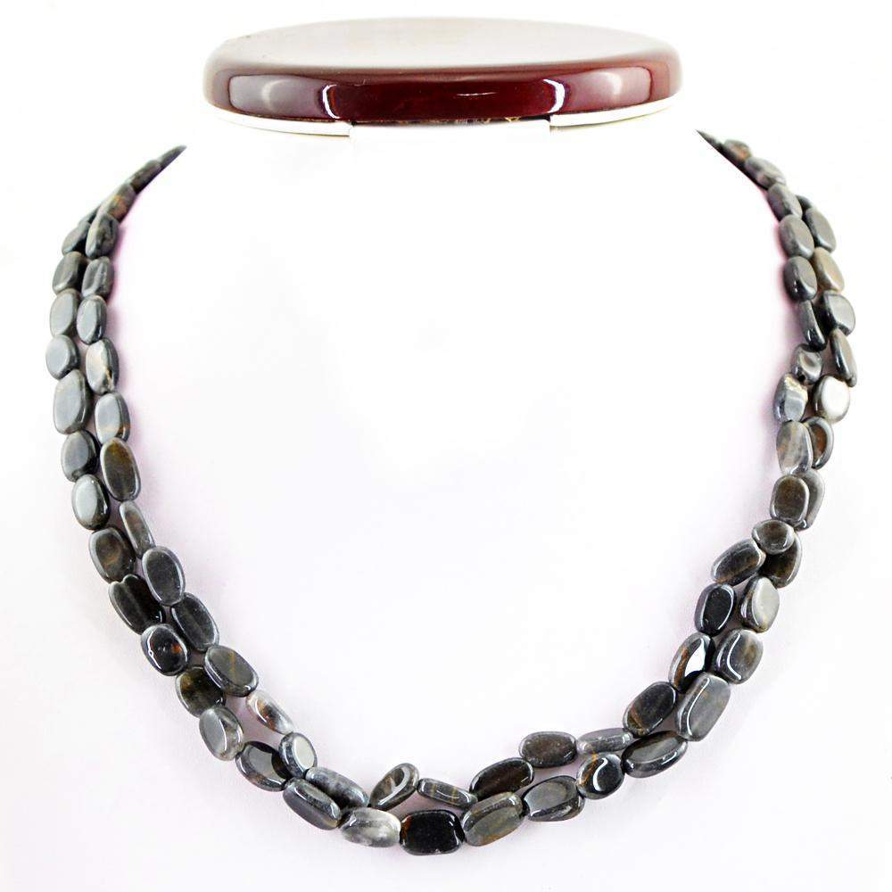 gemsmore:Natural Untreated Black Jasper Necklace 2 Strand Oval Shape Beads