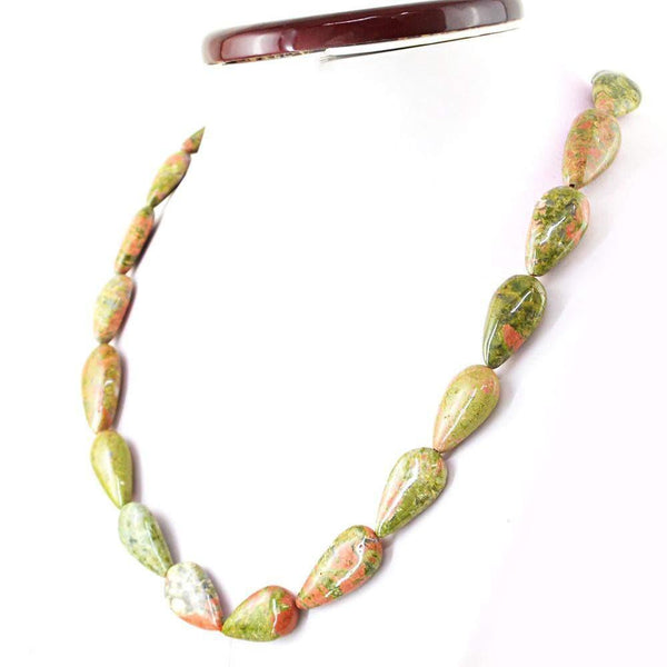 gemsmore:Natural Untreated Blood Green Unakite Necklace Pear Shape Beads