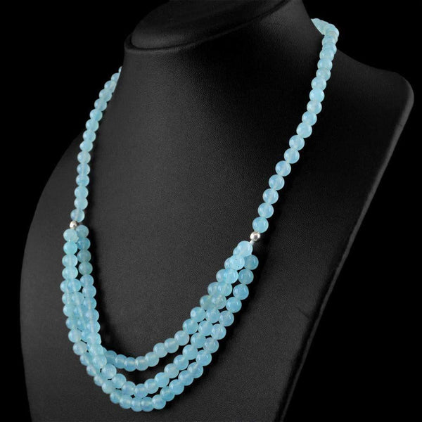 gemsmore:Natural Untreated Blue Aquamarine Necklace Single Strand Round Shape Beads