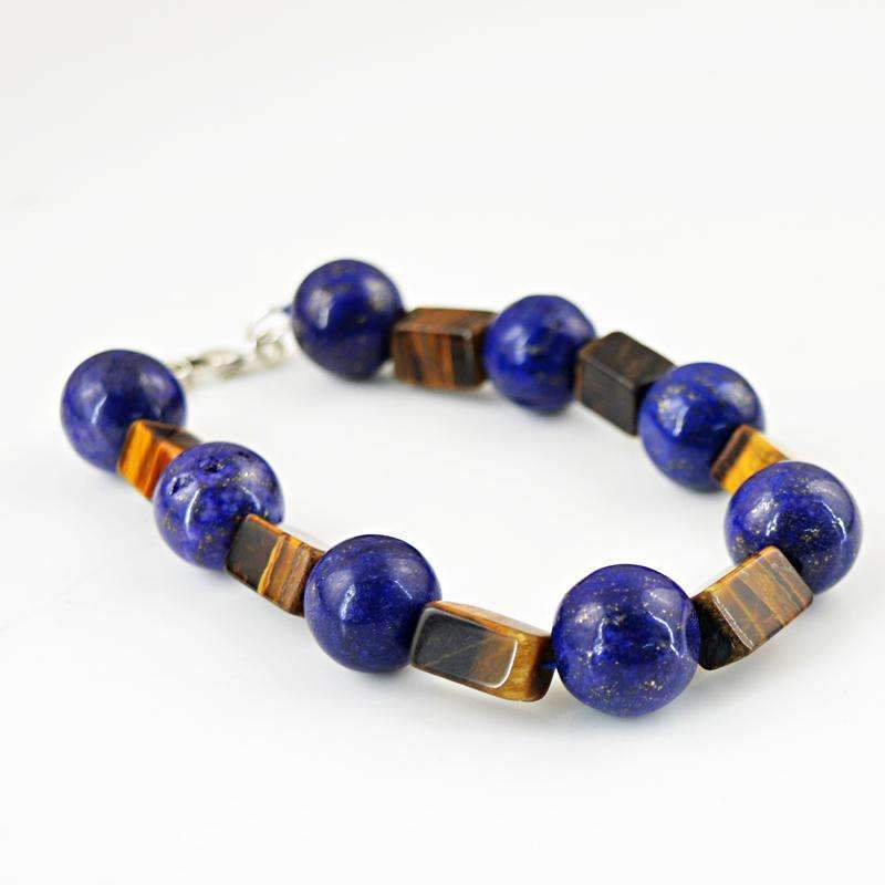 gemsmore:Natural Untreated Blue Lapis Lazuli & Golden Tiger Eye Beads Bracelet