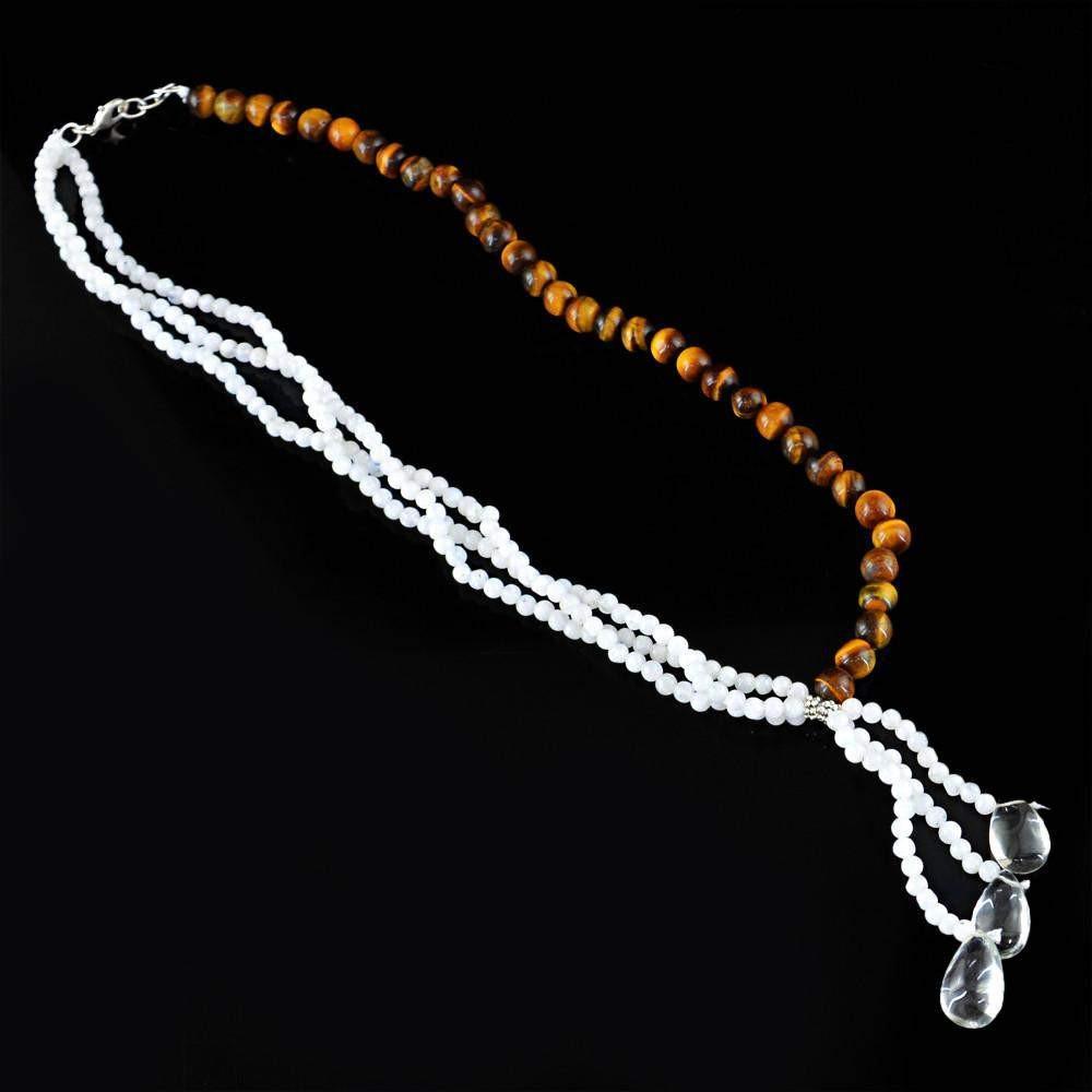 gemsmore:Natural Untreated Golden Tiger Eye & Blue Flash Moonstone Necklace Round Shape Beads