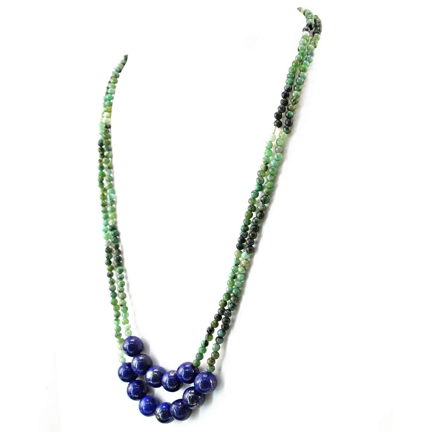 gemsmore:Natural Untreated Green Emerald & Blue Lapis Lazuli Necklace 2 Strand Round Beads