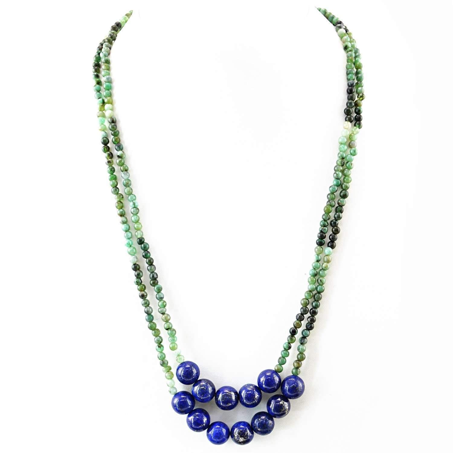 gemsmore:Natural Untreated Green Emerald & Blue Lapis Lazuli Necklace 2 Strand Round Beads