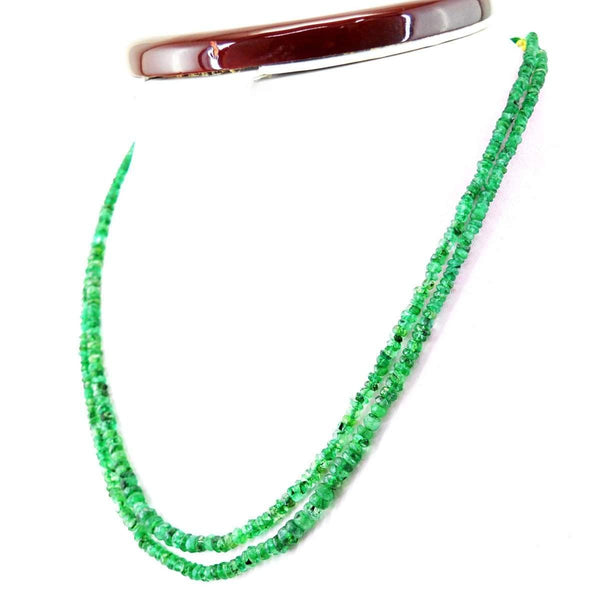 gemsmore:Natural Untreated Green Emerald Necklace 2 Line Round Cut Beads