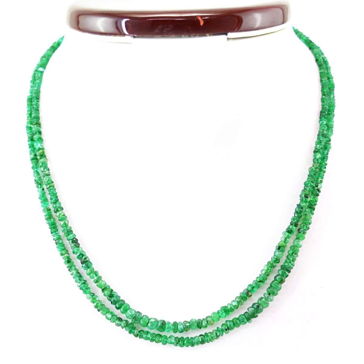 gemsmore:Natural Untreated Green Emerald Necklace 2 Line Round Cut Beads