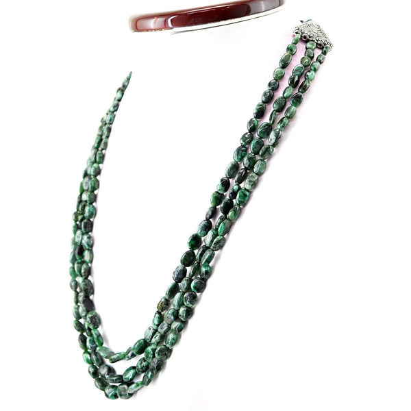 gemsmore:Natural Untreated Green Emerald Necklace 3 Line Oval Shape Beads