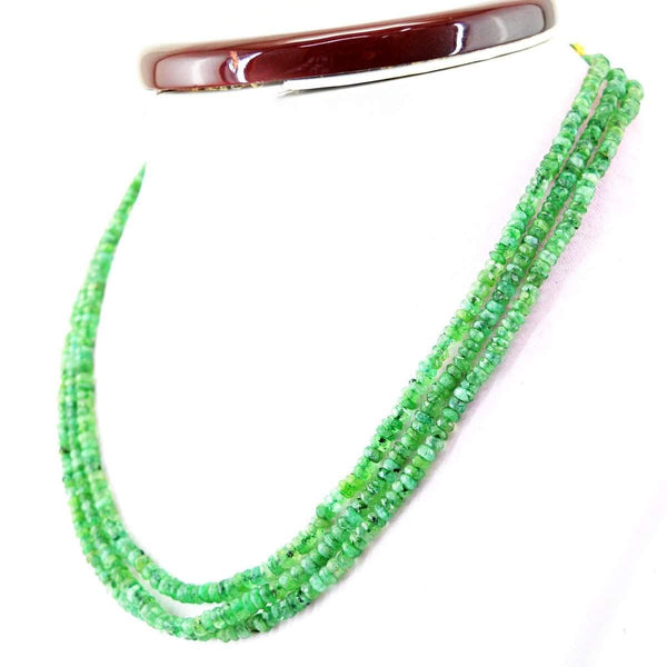 gemsmore:Natural Untreated Green Emerald Necklace 3 Strand Round Cut Beads