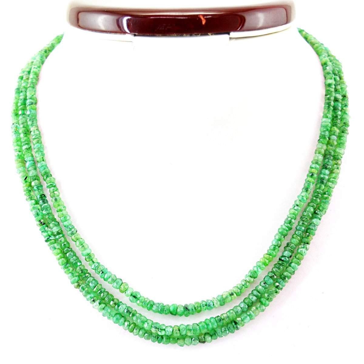 gemsmore:Natural Untreated Green Emerald Necklace 3 Strand Round Cut Beads