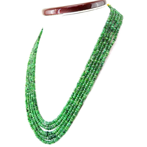 gemsmore:Natural Untreated Green Emerald Necklace 5 Line Round Cut Beads