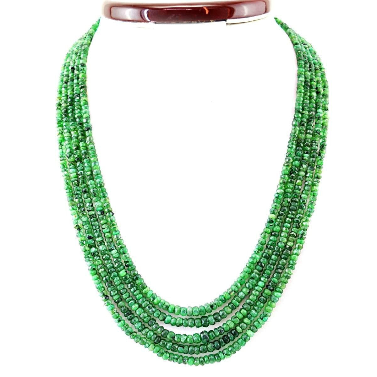 gemsmore:Natural Untreated Green Emerald Necklace 5 Line Round Cut Beads