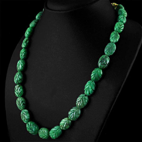 gemsmore:Natural Untreated Green Emerald Necklace Oval Shape Carved Beads