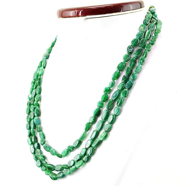 gemsmore:Natural Untreated Green Jade Necklace 3 Line Oval Shape Beads