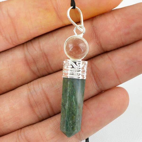 gemsmore:Natural Untreated Green Jade & White Quartz Reiki Healing Ball Point Pendant