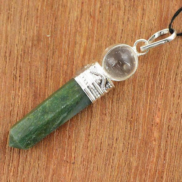 gemsmore:Natural Untreated Green Jade & White Quartz Reiki Healing Ball Point Pendant