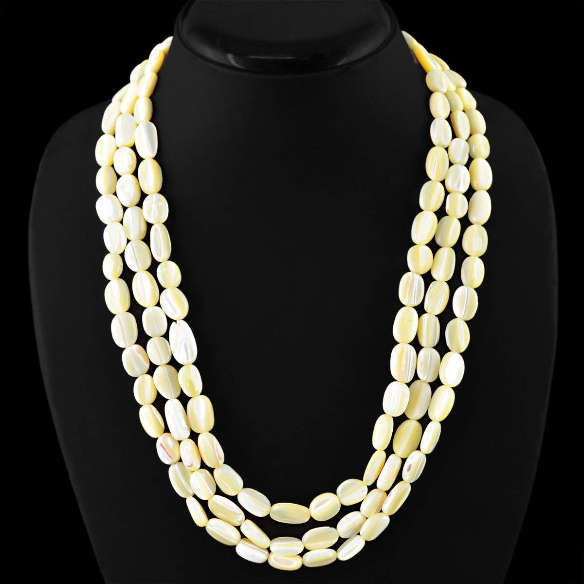 gemsmore:Natural Untreated Mother Pearl Necklace 3 Line Oval Shape Beads