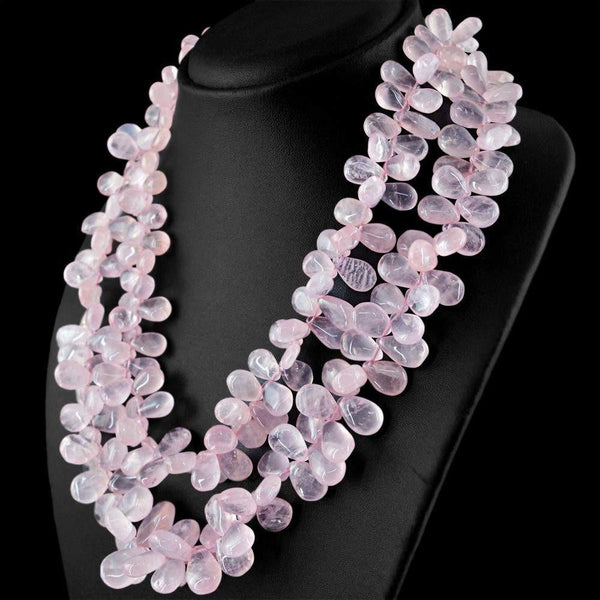 gemsmore:Natural Untreated Pink Rose Quartz Necklace 2 Strand Tear Drop Beads