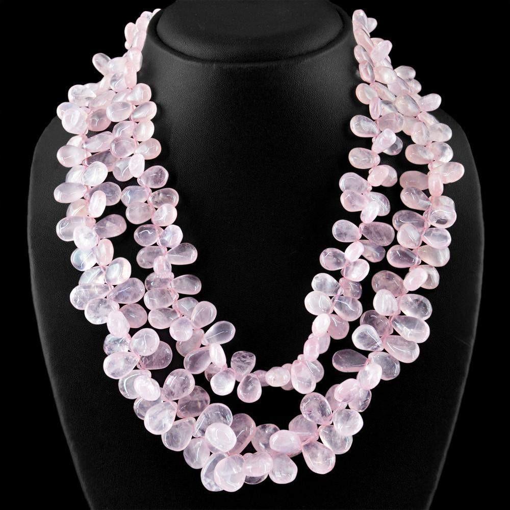 gemsmore:Natural Untreated Pink Rose Quartz Necklace 2 Strand Tear Drop Beads