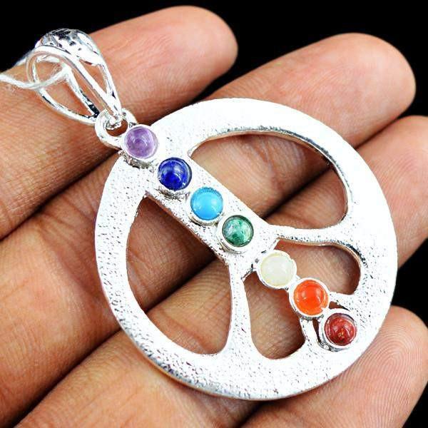 gemsmore:Natural Untreated Round Shape Seven Chakra Healing Pendant