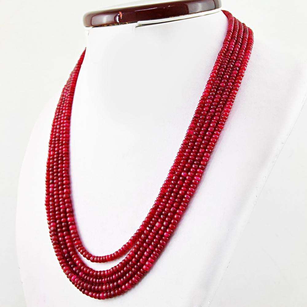 gemsmore:Natural Untreated Ruby Round Beads Necklace - 5 Strand