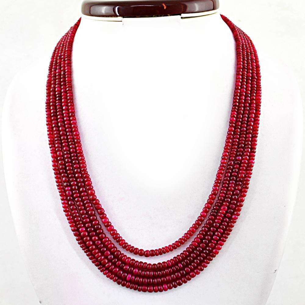 gemsmore:Natural Untreated Ruby Round Beads Necklace - 5 Strand