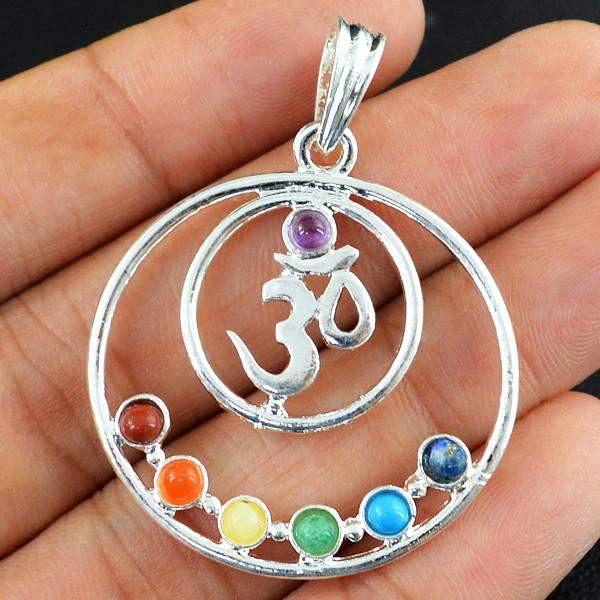 gemsmore:Natural Untreated Seven Chakra Round Shape Healing Pendant