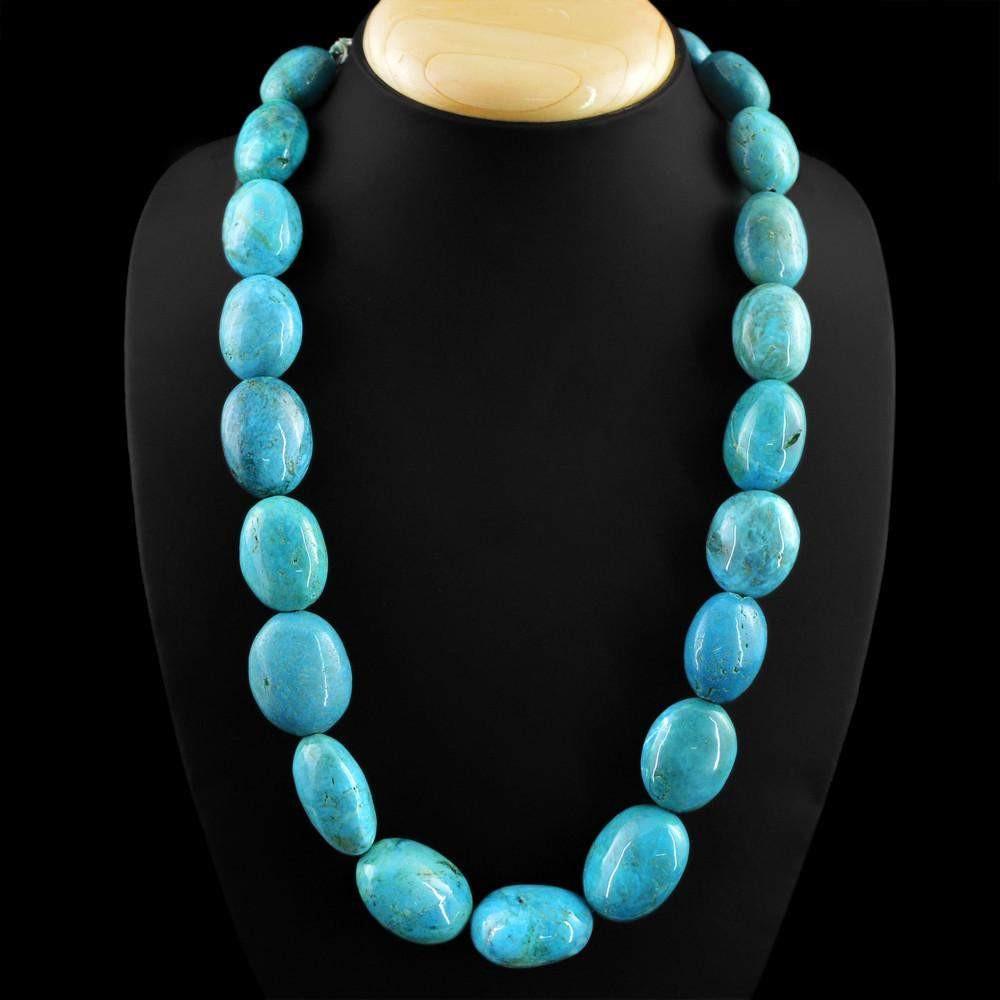 gemsmore:Natural Untreated Turquoise Necklace Oval Beads Single Strand