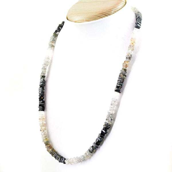 gemsmore:Natural Untreated White & Black Rutile Quartz Beads Necklace