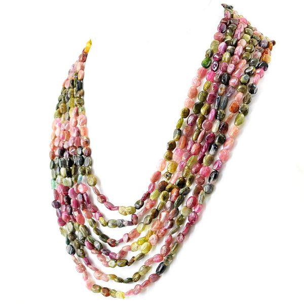 gemsmore:Natural Watermelon Tourmaline Necklace - 7 Lines Untreated Beads