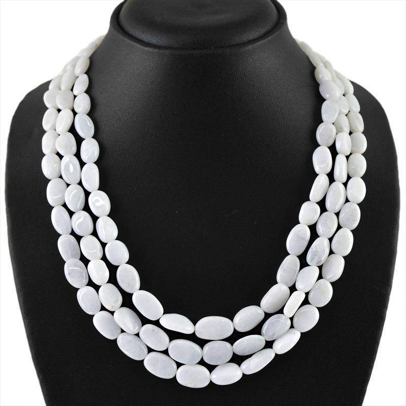 gemsmore:Natural White Agate Necklace 3 Strand Oval Shape Beads