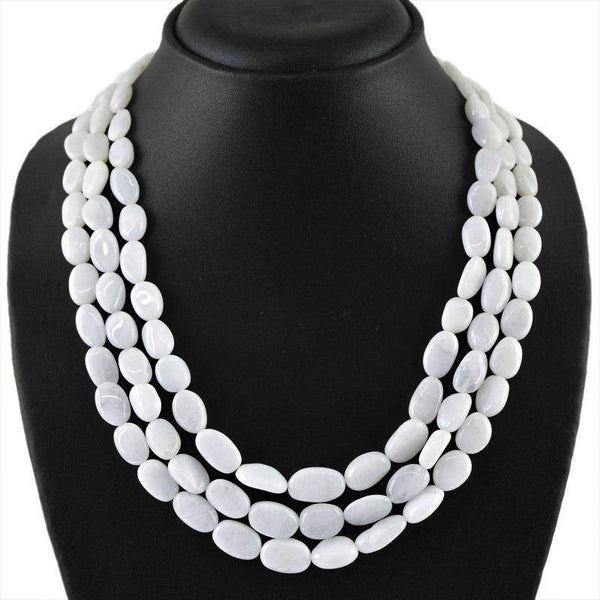 gemsmore:Natural White Agate Necklace 3 Strand Oval Shape Beads