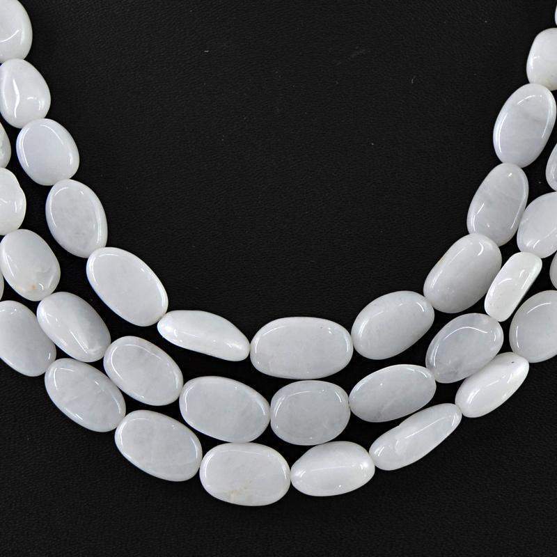 gemsmore:Natural White Agate Necklace 3 Strand Oval Shape Beads