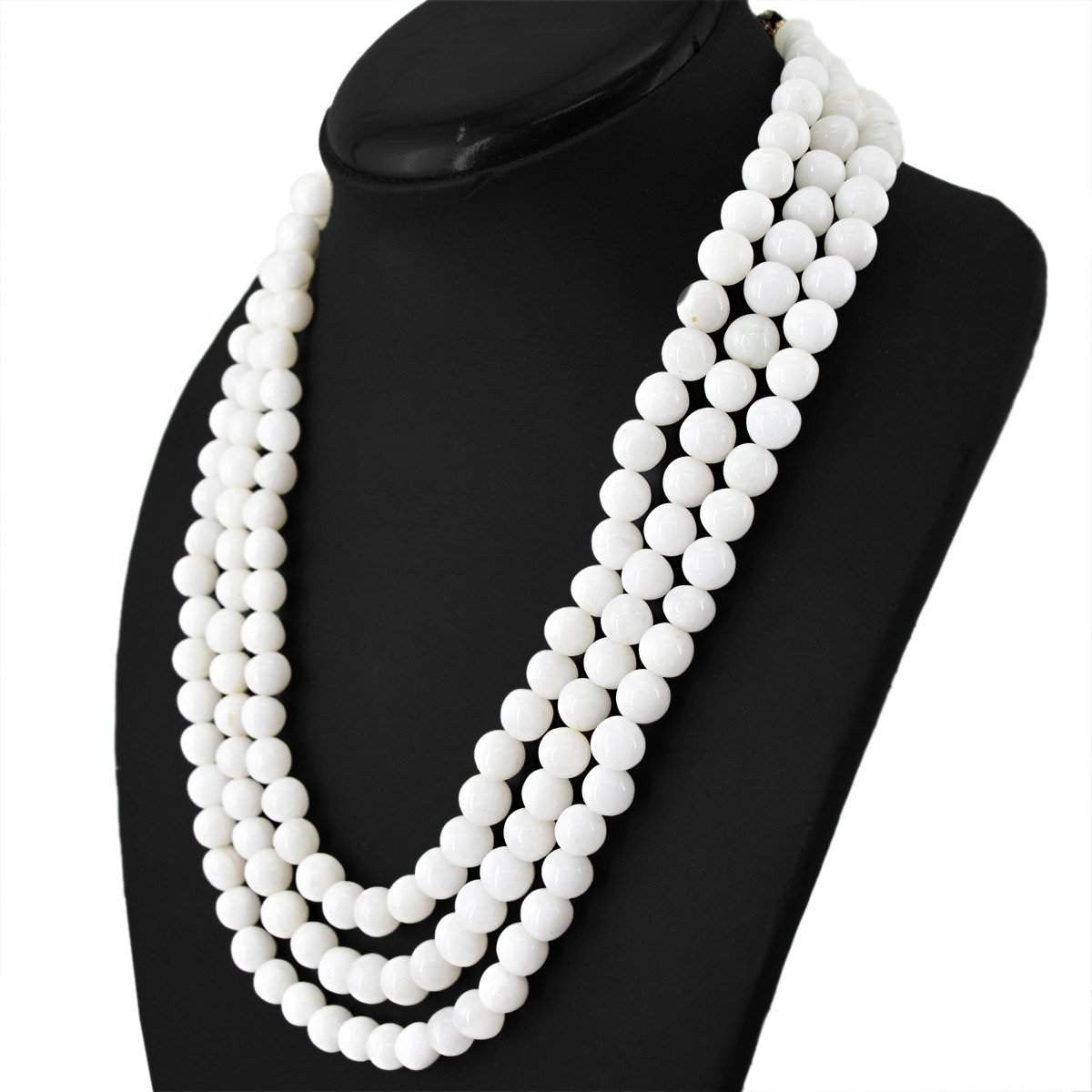 gemsmore:Natural White Agate Necklace 3 Strand Round Shape Beads Necklace