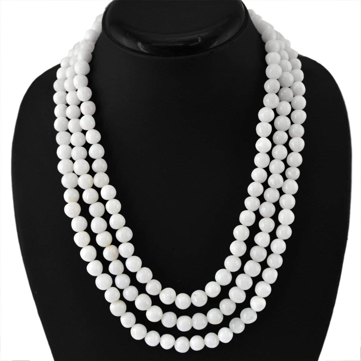 gemsmore:Natural White Agate Necklace 3 Strand Round Shape Beads Necklace