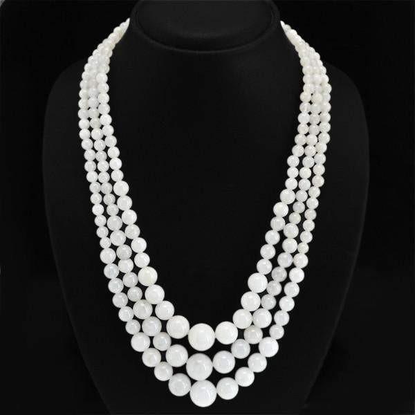 gemsmore:Natural White Agate Necklace 3 Strand Unheated Round Shape Beads