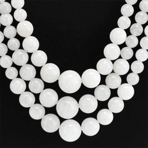 gemsmore:Natural White Agate Necklace 3 Strand Unheated Round Shape Beads
