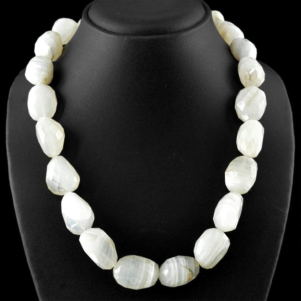 gemsmore:Natural White Agate Necklace Faceted Huge Beads - Single Strand