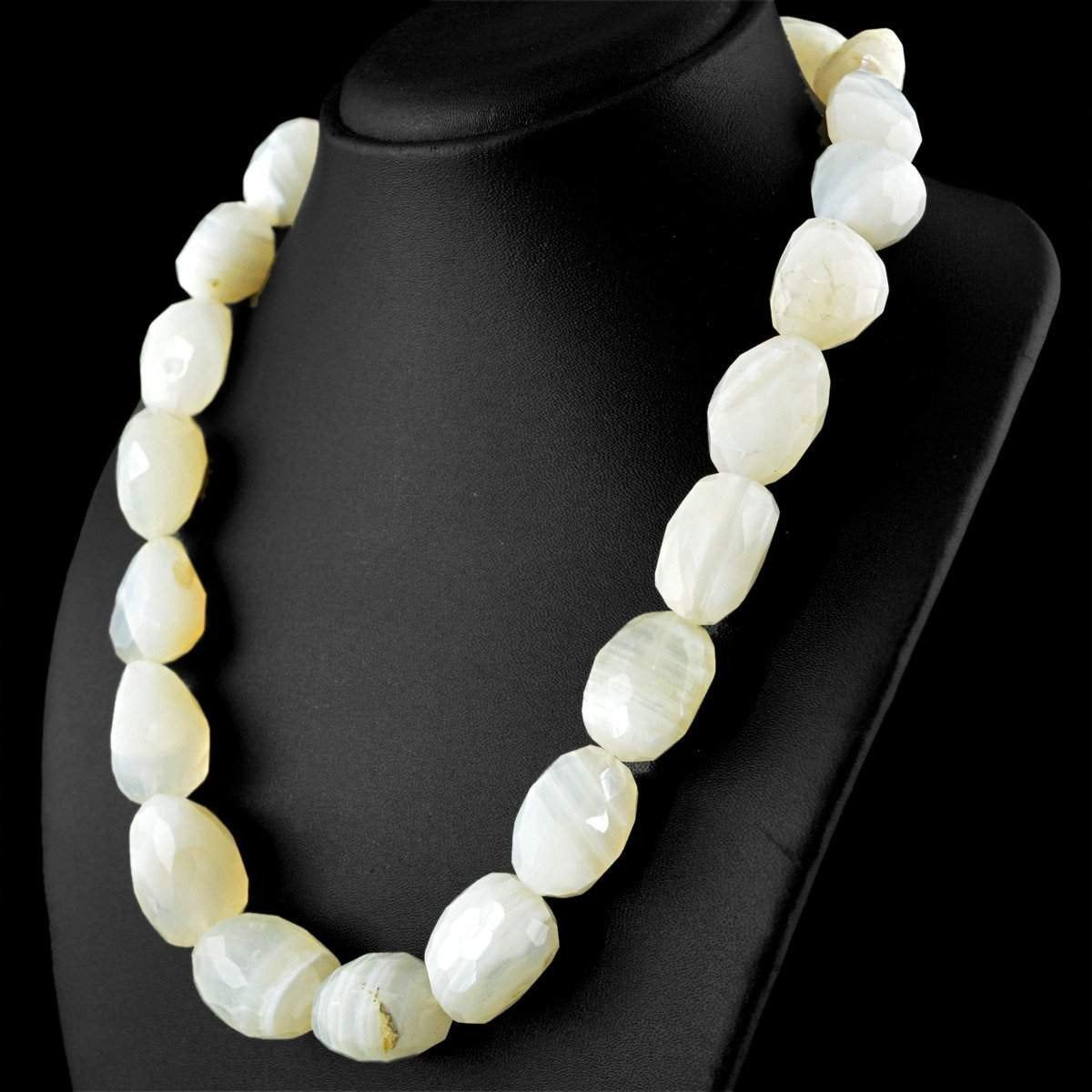 gemsmore:Natural White Agate Necklace Faceted Huge Beads - Single Strand