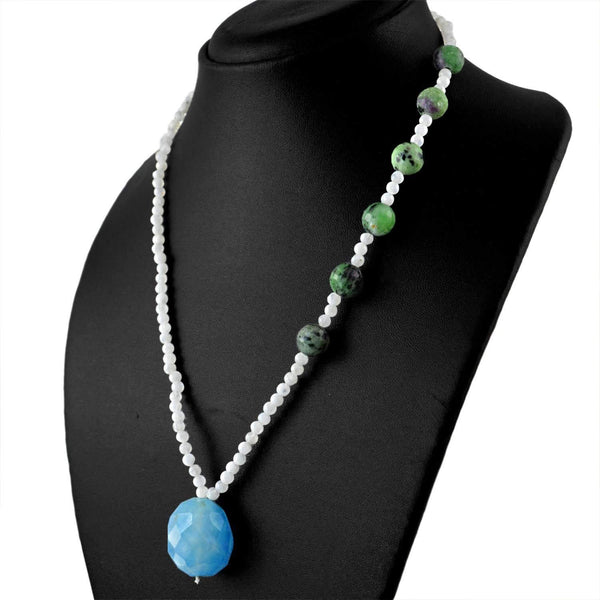 gemsmore:Natural White Moonstone & Ruby Ziosite Necklace Round Cut Beads