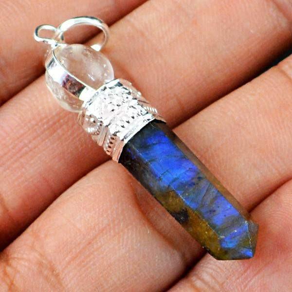 gemsmore:Natural White Quartz & Blue Flash Labradorite Healing Ball Point Pendant