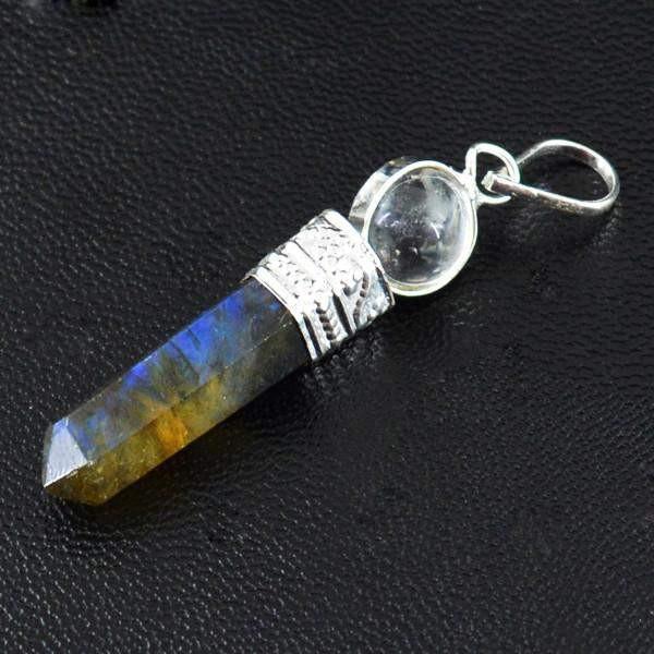 gemsmore:Natural White Quartz & Blue Flash Labradorite Healing Ball Point Pendant