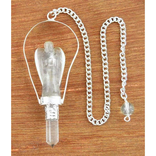 gemsmore:Natural White Quartz Carved Angel Healing Point Pendulum