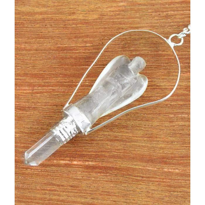 gemsmore:Natural White Quartz Carved Angel Healing Point Pendulum