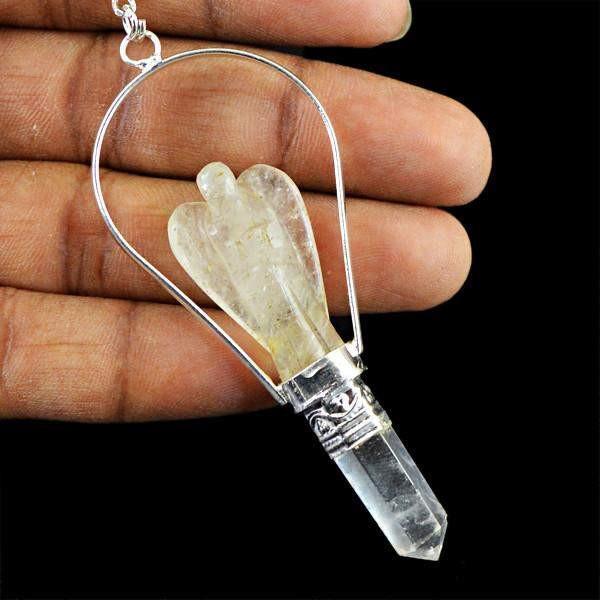 gemsmore:Natural White Quartz Carved Angel Healing Point Pendulum