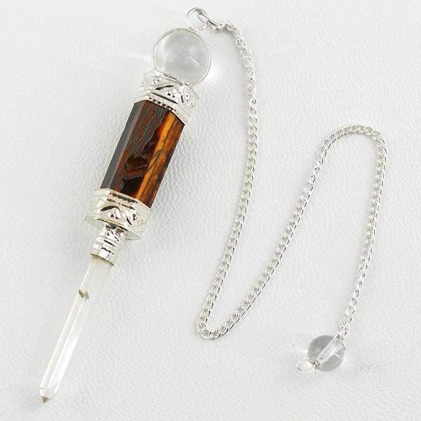 gemsmore:Natural White Quartz & Golden Tiger Eye Crystal Healing Ball Point Pendulum