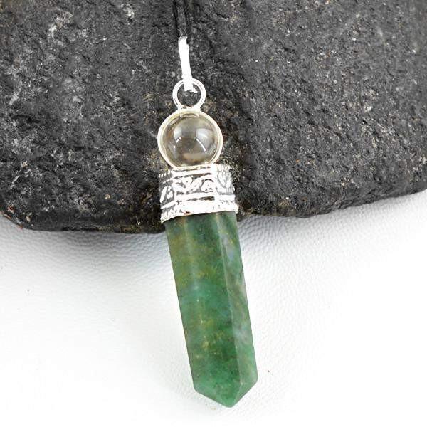 gemsmore:Natural White Quartz & Green Jade Meditation Healing Ball Point Pendant