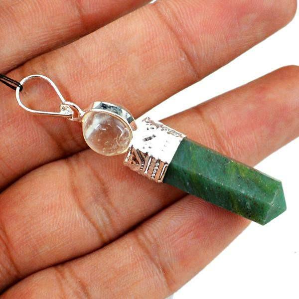 gemsmore:Natural White Quartz & Green Jade Reiki Healing Ball Point Pendant