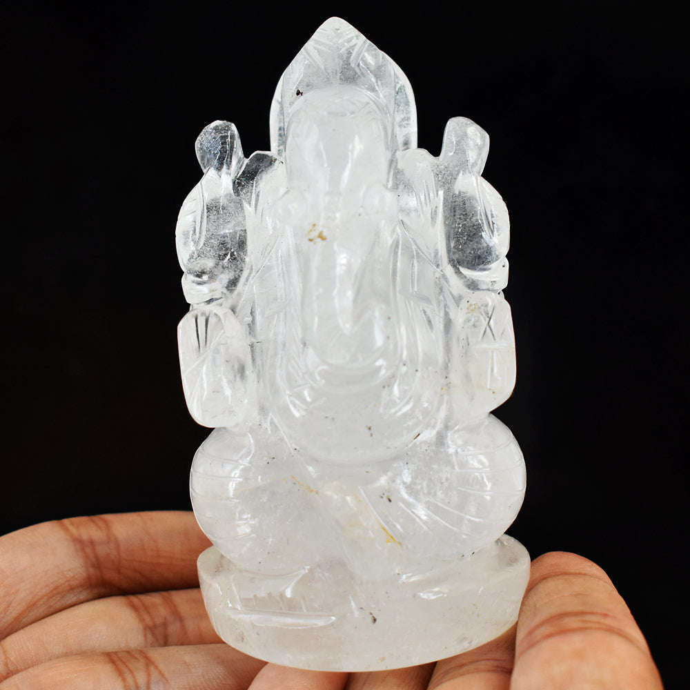 gemsmore:Natural White Quartz Hand Carved Genuine Crystal Gemstone Carving Lord Ganesha