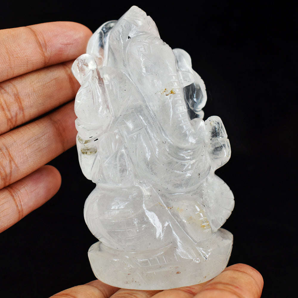 gemsmore:Natural White Quartz Hand Carved Genuine Crystal Gemstone Carving Lord Ganesha