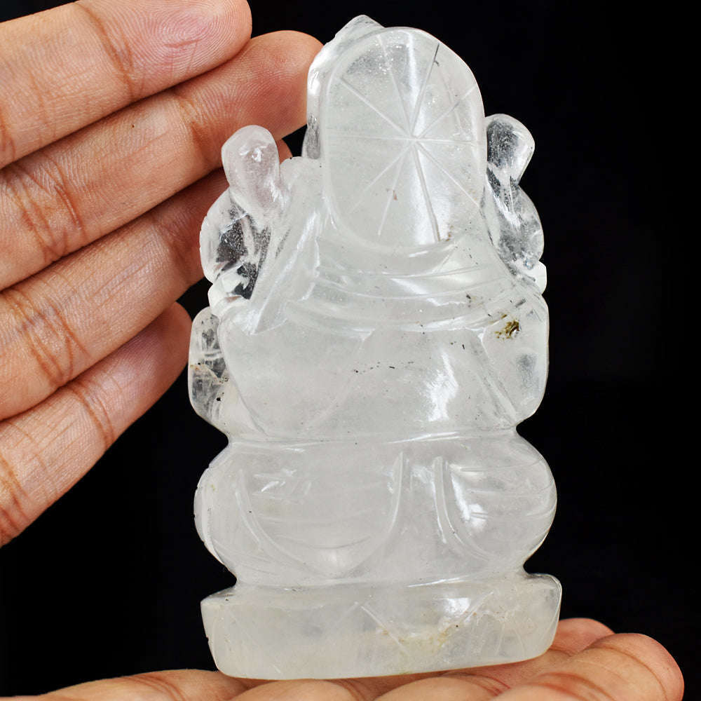 gemsmore:Natural White Quartz Hand Carved Genuine Crystal Gemstone Carving Lord Ganesha