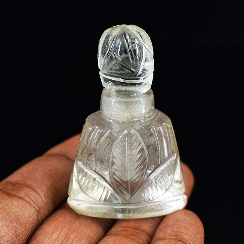 gemsmore:Natural White Quartz Hand Carved Genuine Crystal Gemstone Carving Perfume Bottle